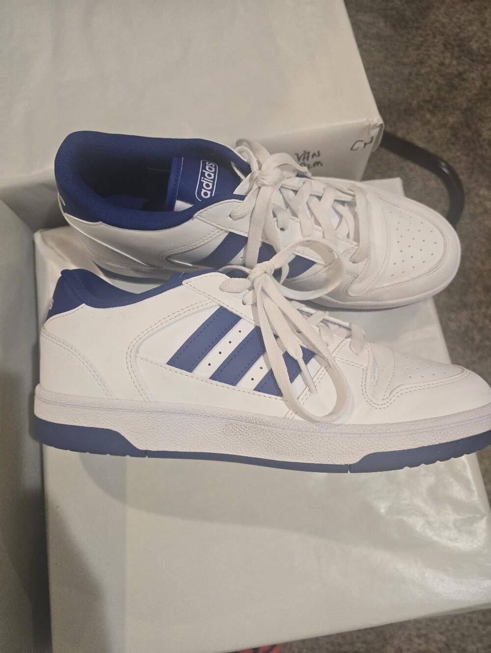 adidas White and Blue Low-Top Court Sneakers
